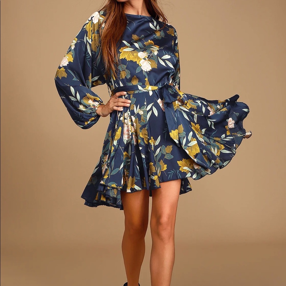 Austrina Navy Blue Floral Print Satin Long Sleeve